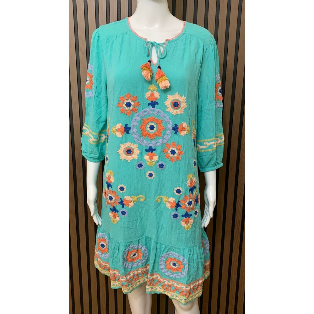 Soft Surroundings Turquoise Embroidered Tassel Boho Shift Dress PM 2HA38